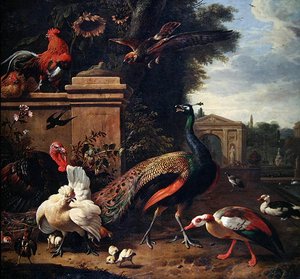 Een pauw, een havik en verschillende hoenders en eenden in een park door Melchior de Hondecoeter