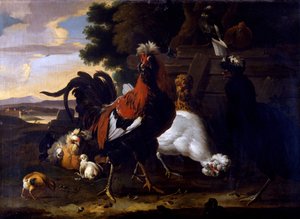 Haan, Hennen en Kuikens bij een Hek in een Bosrijk Landschap door Melchior de Hondecoeter