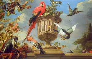 Rode ara zittend op een urn, met andere vogels en een aap die druiven eet