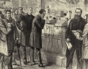Opening van de Anglo-Engelse telefoonlijn. Het eerste telefoongesprek van Londen naar Parijs in het General Post Office, Londen. Bell-instrumenten werden gebruikt aan de Londense kant. Houtsnede Parijs 28 maart 1891. Gravure.