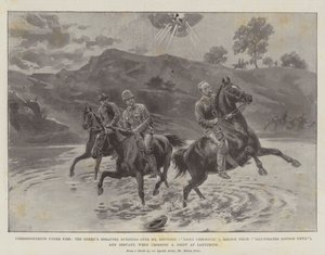 Correspondenten onder vuur, de vijandelijke granaat barst boven Mr Nevinson (Daily Chronicle), Melton Prior (Illustrated London News) en dienaar, bij het oversteken van een drift bij Ladysmith door Melton Prior