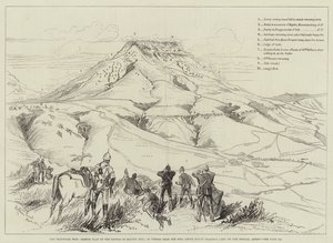 De Transvaaloorlog, schetsplan van de Slag bij Majuba Hill, gezien vanaf de heuvel boven Mount Prospect Camp