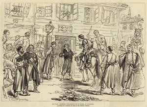De Oorlog, inkwartiering van Circassiërs in een hotel in Nicopolis door Melton Prior