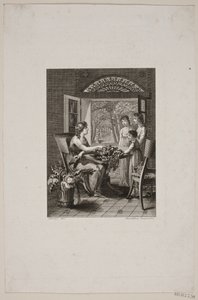 Illustratie met vrouwen aan een tafel in een tuinkamer door Meno Haas