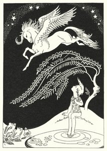 Pegasus kwam naar beneden, in wijde cirkels (kleur litho) door Merlyn Mann