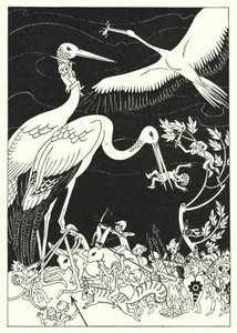 Sommige van de Pygmeeën kruiselings in hun Snavels (kleur litho) door Merlyn Mann