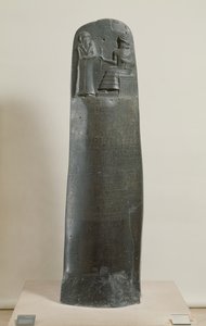 Code van Hammurabi: de god Shamash dicteert zijn wetten aan Hammurabi, koning van Babylon, gevonden in Susa, Iran, ca. 1750 v.Chr.