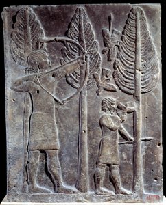 Vogeljachtscène. Laag reliëf in albast uit het paleis van Sargon II of Sharroukin, koning van Assyrië in Khorsabad (Khunsabad) (Mesopotamië), Irak. 722-705 v.Chr. Parijs. Louvre Museum