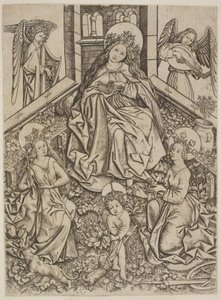 Maria met het kindje Jezus, de Heilige Margaretha en de Heilige Catharina door Mester ES