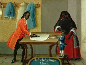Een Lobo Indiaan, zijn halfbloed Afrikaanse vrouw en hun kind, uit een serie over gemengde huwelijken in Mexico