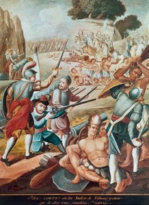 De verovering van Mexico: gevecht tussen Hernando Cortes en de indianen van Tabasco in 1519 door Mexican School