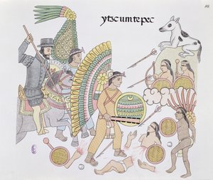 Hernando Cortes, onder belegering in Tenochtitlan, besluit de stad te verlaten, illustratie uit een facsimile van een Mexicaanse Indiaanse geschiedenisschildering Lienzo de Tlaxcala, ca. 1550, 1892