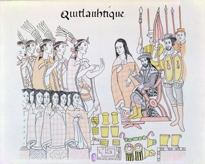 La Malinche (Dona Marina) als tolk tijdens de presentatie van vrouwen en goud door Montezuma aan Hernando Cortes, illustratie uit een facsimile van een Mexicaanse Indiaanse geschiedenisschildering