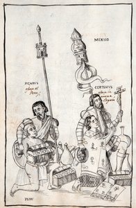 Picarus (Pizarro) presenteert Peru en Cortesius (Cortes) Nueva Espana, illustratie uit Historia de Tlaxcala door Diego Munoz Camargo