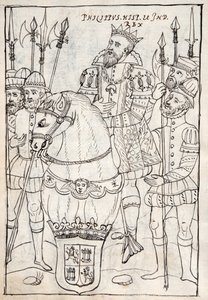 Philip II zittend te paard, dragend de orde van het Gulden Vlies, omringd door soldaten, illustratie uit Historia de Tlaxcala door Diego Munoz Camargo door Mexican School