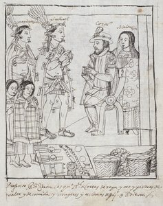 Montezuma ontmoet Cortez, uit Historia de Tlaxcala door Diego Munoz Camargo