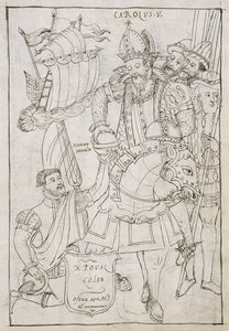 Christoffel Columbus (1451-1506) biedt symbolisch de Nieuwe Wereld aan Karel V (1500-08), uit Historia de Tlaxcala door Diego Munoz Camargo