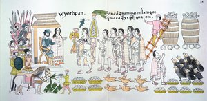 De Tlaxcalan hoofdman, Maxixcatzin, presenteert een boeket rozen en andere geschenken aan Hernando Cortes als welkomsttekens, illustratie uit een facsimile van een Mexicaanse Indiaanse geschiedenisschildering door Mexican School