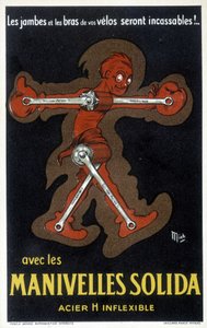 Reclame voor Velo krukken gemaakt van massief staal. Tekening door Mich (Michel Liebeaux) door Mich