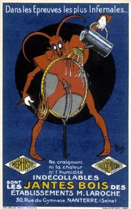 Rode duivel voor een fietswiel ter illustratie van een advertentie voor de houten velgen van Laroche (Nanterre) vestigingen (gravure) door Mich