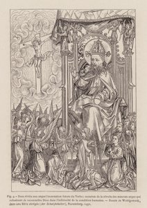 God onthult aan de engelen de toekomstige incarnatie van het Woord (gravure)