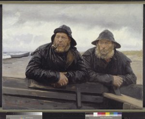 Twee vissers naast een boot