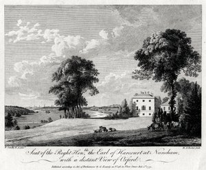 Zetel van de Eerwaarde de Graaf van Harcourt in Nuneham, met een verre blik op Oxford, 1775 door Michael Angelo Rooker