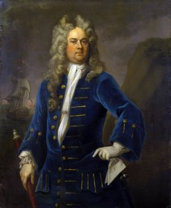 Portret van kapitein Robert Harland, met een telescoop in zijn hand door Michael Dahl