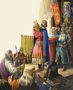Koning Edward I (1239-1307) presenteert zijn zoontje (gouache op papier)