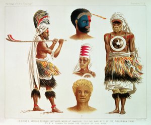 Verschillende Danskostuums Gedragen in Nakello, Fiji, illustratie uit 