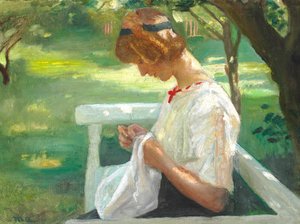 Ella Saxild naait in de tuin op een zomerse dag. door Michael Peter Ancher