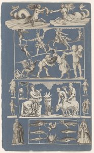 Collage van uitgeknipte prenten geplakt op albumblad van blauw papier door Michael Snijders (attributed to)