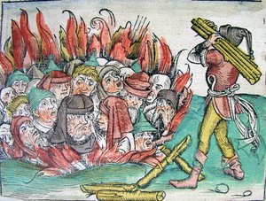 Verbranding van de Joden in Deggendorf in 1338 uit de Schedels Wereldkroniek, 1493