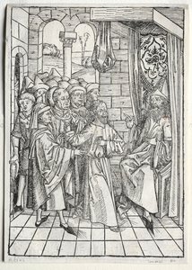 Der Schatzbehalter: Christus voor Kajafas verso, 1491 door Michael Wolgemut