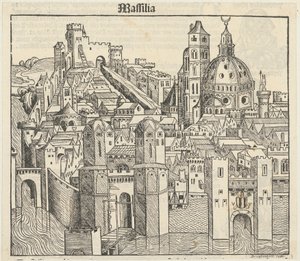 Phantasieansicht der Stadt Marseille [recto], drei Porträts (Phereades, Pythagoras und Sappho) [verso] door Michael Wolgemut