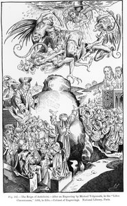 De heerschappij van de Antichrist, uit de Liber Chronicarum, gepubliceerd in 1493, illustratie uit Science and Literature in the Middle Ages and Renaissance, geschreven en gegraveerd door Paul Lacroix, 1878 door Michael Wolgemut