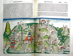 De opstandige stad Jeruzalem vernietigd door keizer Titus, uit de Neurenberg Kroniek door Hartmann Schedel, gedrukt in 1493