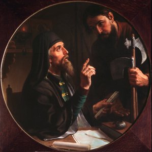De hegoumen van de Lavra Dionysius Zobninovsky presenteert een kerkelijk document door Michail Ivanovich Skotti