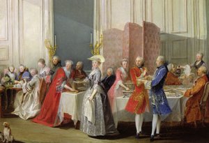Engelse thee in de Salon des Quatre Glaces in het huis van de Prins de Conti (1717-76) Palais du Temple, detail van de gasten, 1766 door Michel Barthelemy Ollivier or Olivier