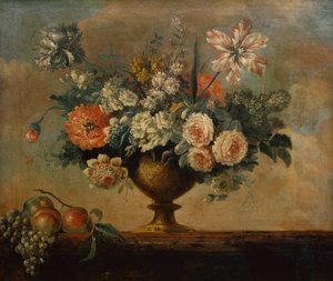 Rozen, tulpen, anjers en andere bloemen in een urn door Michel Bruno Bellenge
