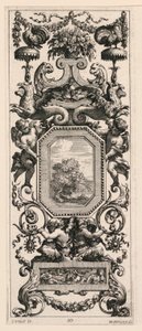 Ornamentpaneel bekroond door een mand met bloemen en een slinger, plaat 10 uit het Boek van Diverse Grotesken geschilderd in het Kabinet en de Baden van de Koningin-Regentes, in het Koninklijk Paleis