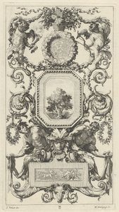 Ornamentaal Paneel Bekroond door een Mand met Bloemen met Cupido en Hymen door Michel Dorigny, after Simon Vouet