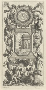 Ornamentpaneel met een buste van een vrouw en twee putti met brandende trompetten door Michel Dorigny, after Simon Vouet