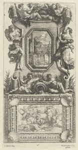 Ornamentpaneel bekroond door een najade en een riviergod door Michel Dorigny, after Simon Vouet