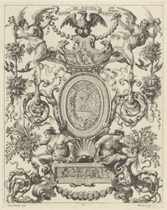 Ornamentaal paneel bekroond door een adelaar en het motto NATOS ET NOSTRA TUEMUR