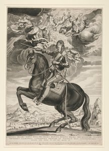 Ruiterportret van Lodewijk XIII (Bourbon) (1601-1603) op 33-jarige leeftijd. Landschap is naar Callot door Michel Lasne