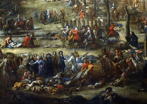 Uitzicht op de Cours Belsunce, Marseille, Tijdens de Pest van 1720, detail met de Kardinaal van Belsunce met een groep lijken van pestslachtoffers