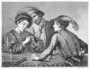 De valsspelers. 19e-eeuwse gravure die het werk van Caravaggio rond 1596 afbeeldt. door Michelangelo (after) Caravaggio