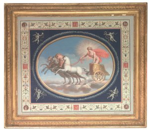 Eén uit een serie van vier decoratieve panelen met Apollo, Mars, Venus en Mercurius in strijdwagens, omringd door Pompejaanse grotesken (bodycolour over ets op papier) door Michelangelo (studio of) Maestri