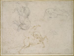Een ruiter die aanvalt en andere studies door Michelangelo Buonarroti